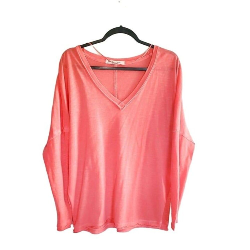Free People Womens Top Coral XS Oversized Long Sleeve V-Neck Lightweight Shirt